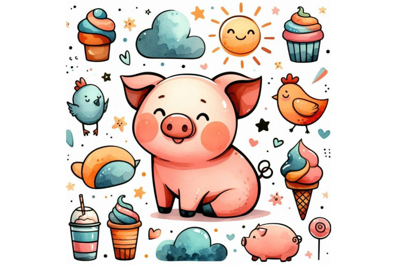 cute-pig-cartoon-watercolor-animal-illustration