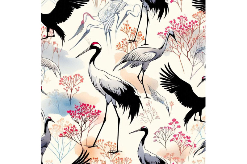 watercolor-japanese-crane-bird-seamless-pattern