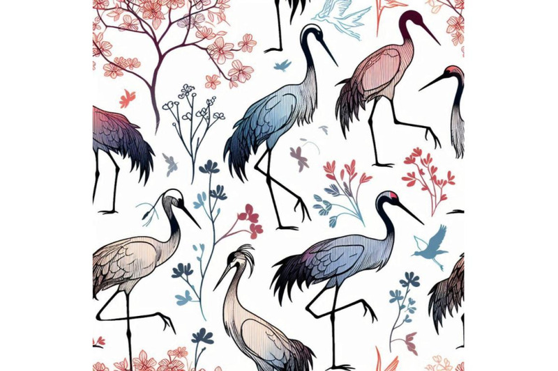 watercolor-japanese-crane-bird-seamless-pattern