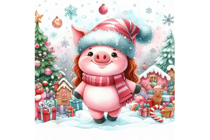 watercolor-cartoon-piggy-illustration-winter-holiday-hand