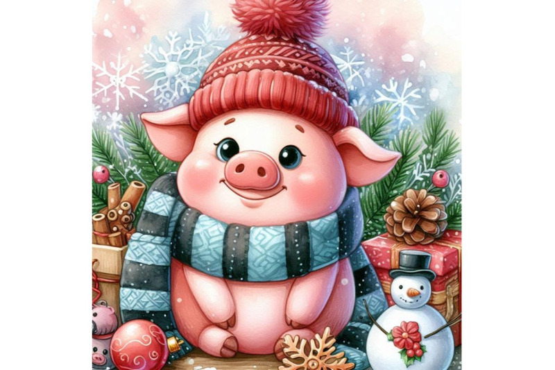 watercolor-cartoon-piggy-illustration-winter-holiday-hand