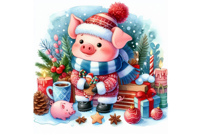 watercolor-cartoon-piggy-illustration-winter-holiday-hand