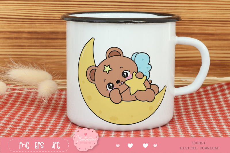 teddy-bear-on-moon-hug-star-bedtime-cartoon-kawaii-clipart