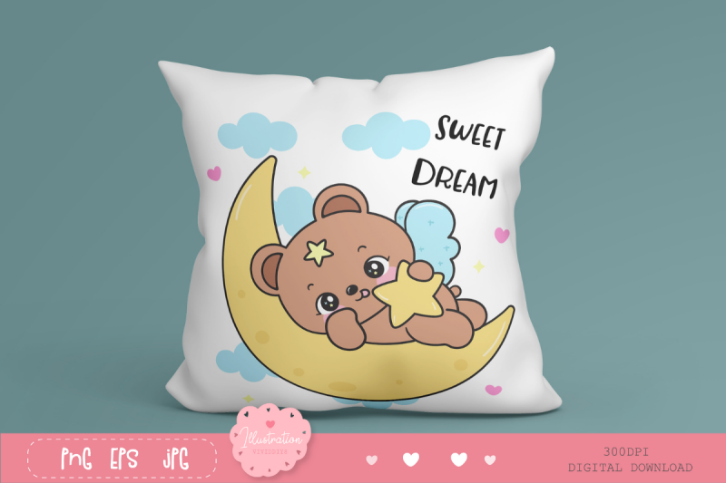 teddy-bear-on-moon-hug-star-bedtime-cartoon-kawaii-clipart