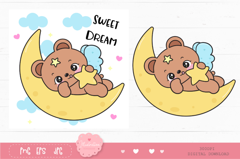 teddy-bear-on-moon-hug-star-bedtime-cartoon-kawaii-clipart