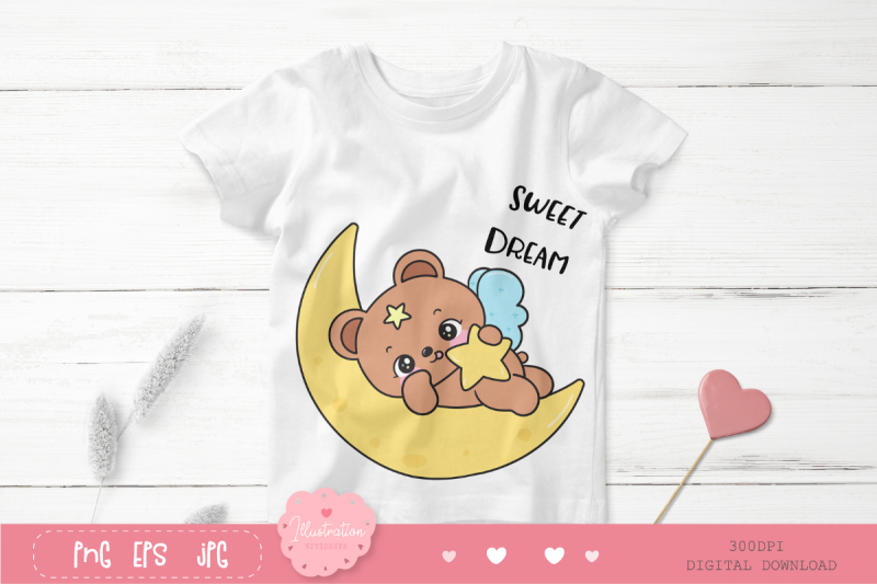 teddy-bear-on-moon-hug-star-bedtime-cartoon-kawaii-clipart