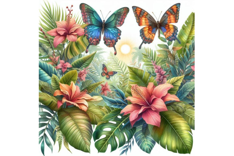 tropical-forest-landscape-leaves-flowers-and-butterfly