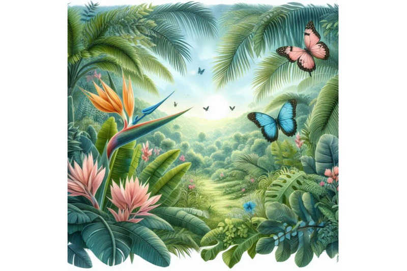 tropical-forest-landscape-leaves-flowers-and-butterfly