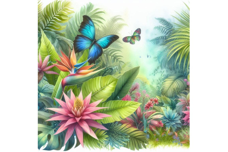 tropical-forest-landscape-leaves-flowers-and-butterfly