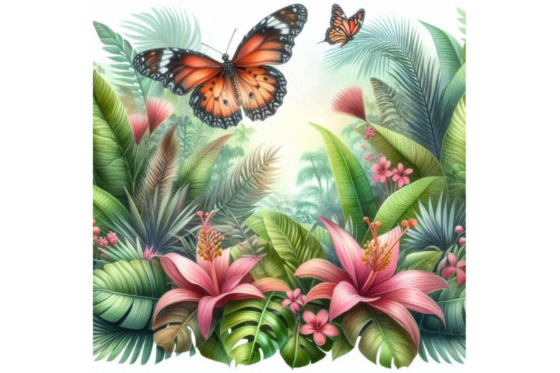 tropical-forest-landscape-leaves-flowers-and-butterfly