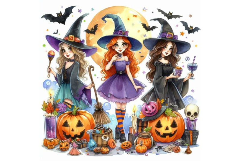 watercolor-illustration-girl-witches-and-halloween-party