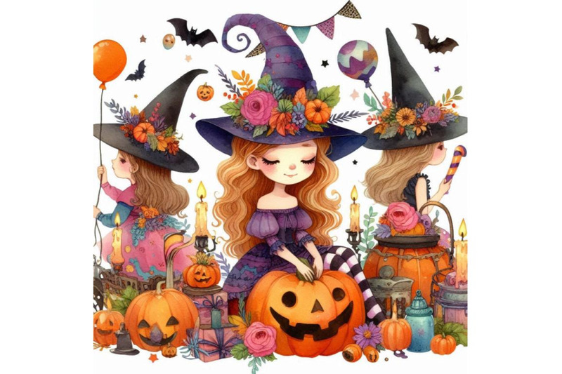 watercolor-illustration-girl-witches-and-halloween-party