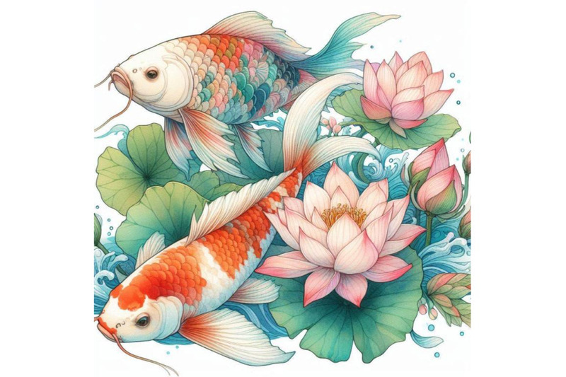 watercolor-koi-carp-and-lotus-flower-watercolor-fish-ba