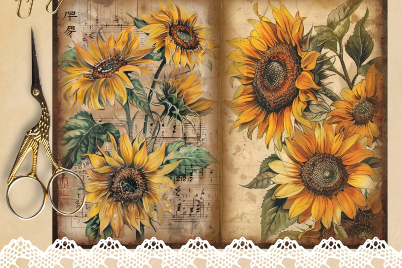 sunflower-junk-journal-papers-printable-floral-digital-ephemera-pack