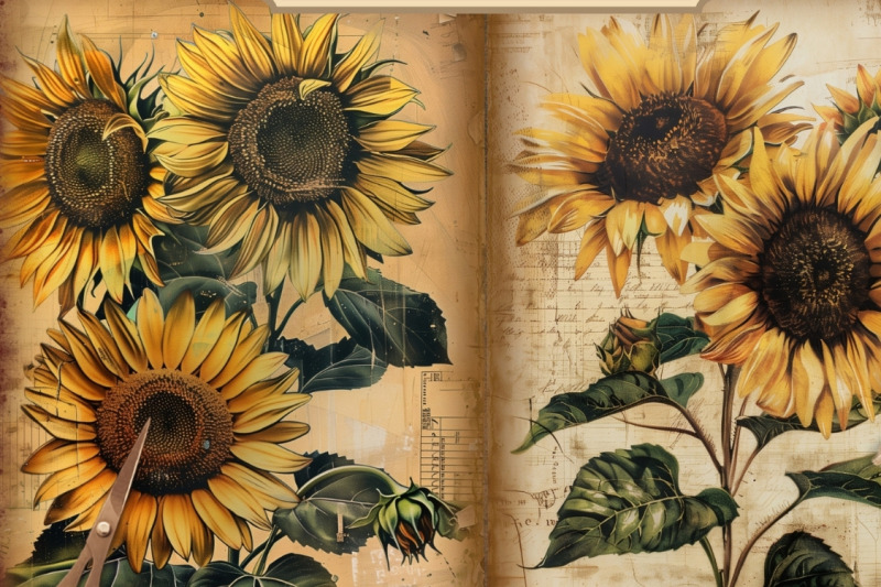 sunflower-junk-journal-papers-printable-floral-digital-ephemera-pack