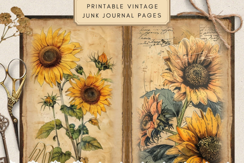 sunflower-junk-journal-papers-printable-floral-digital-ephemera-pack