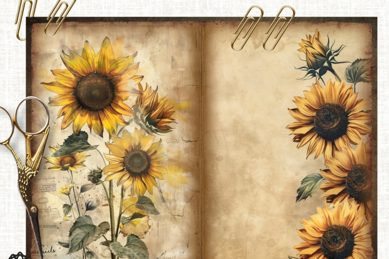 sunflower-junk-journal-papers-printable-floral-digital-ephemera-pack