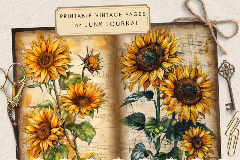 sunflower-junk-journal-papers-printable-floral-digital-ephemera-pack