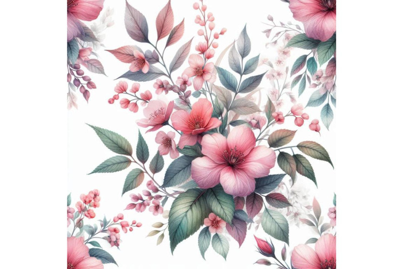 watercolor-pink-flowers-and-leaves-seamless-pattern