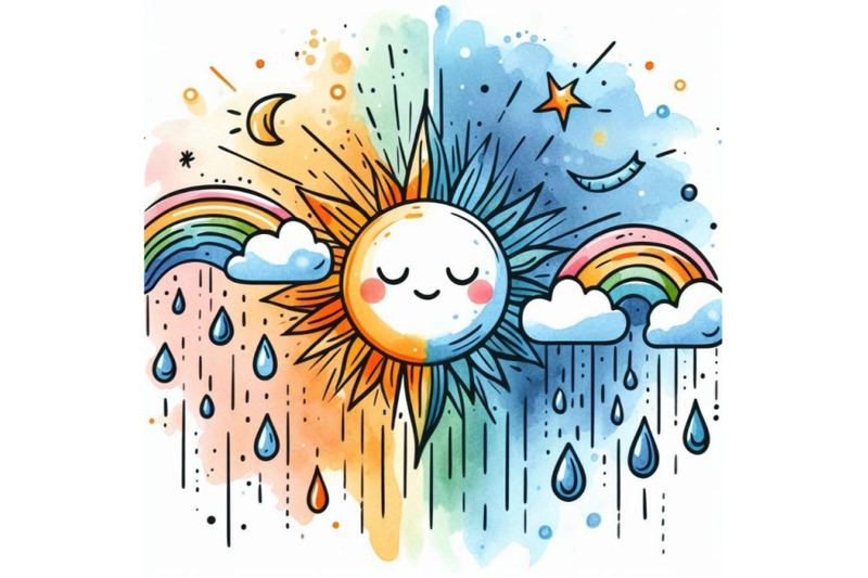 cartoon-sun-and-rain-watercolor-illustration