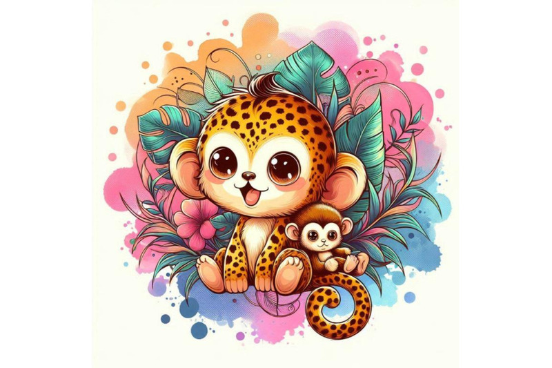 funny-monkey-leopard-watercolor-background