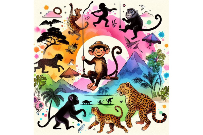 funny-monkey-leopard-watercolor-background