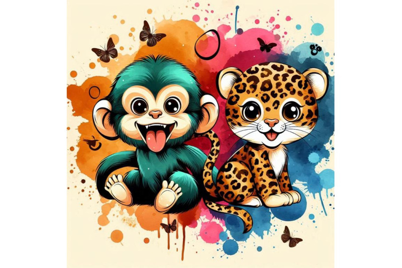 funny-monkey-leopard-watercolor-background