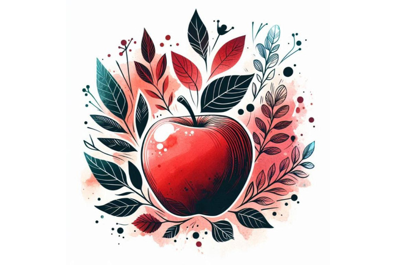 red-apple-and-leaves-watercolor-background