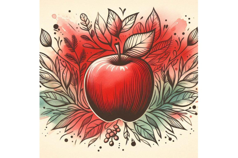 red-apple-and-leaves-watercolor-background