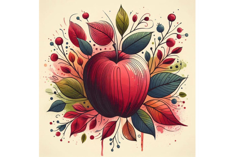 red-apple-and-leaves-watercolor-background