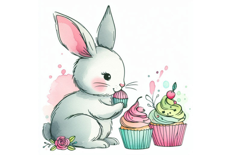 cute-rabbit-and-cupcakes-watercolor-bunny