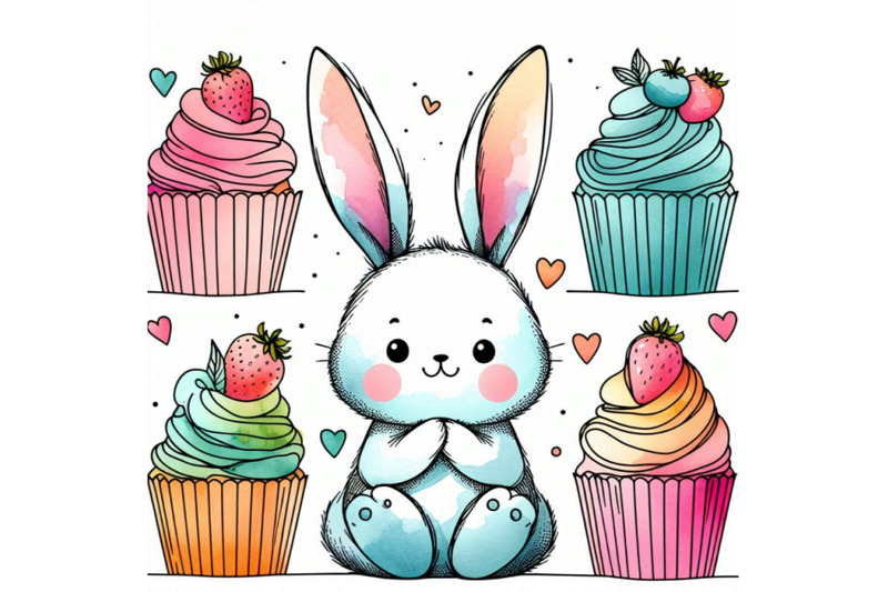 cute-rabbit-and-cupcakes-watercolor-bunny