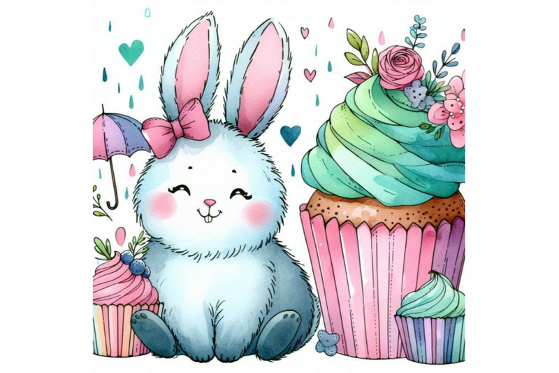 cute-rabbit-and-cupcakes-watercolor-bunny