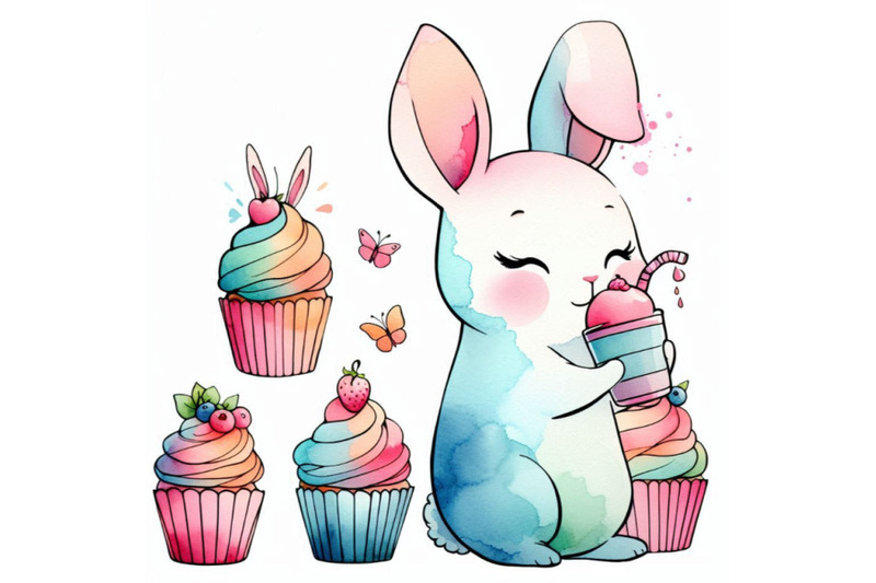 cute-rabbit-and-cupcakes-watercolor-bunny