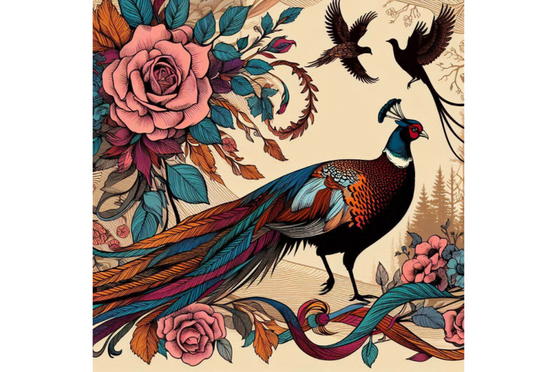 silk-scarf-with-floral-and-wild-animal-pheasant-illustration-vintage