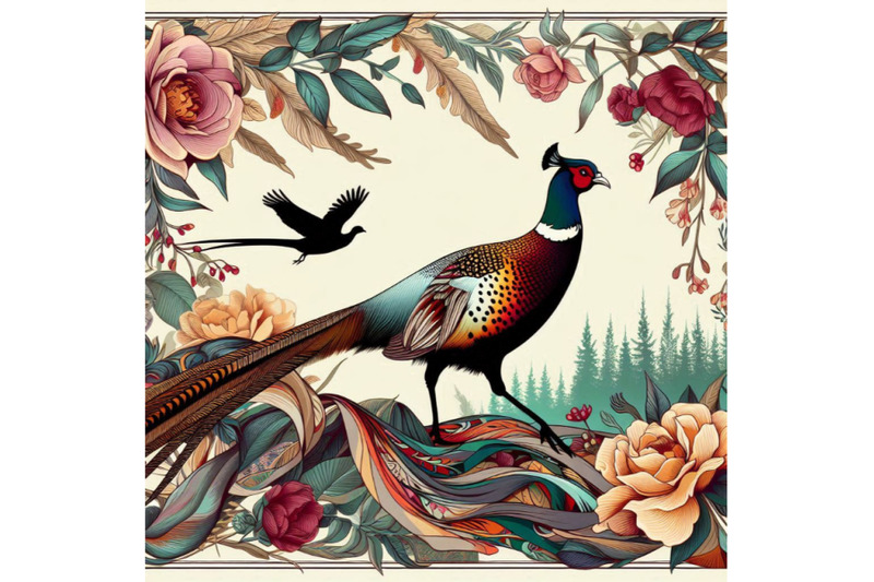 silk-scarf-with-floral-and-wild-animal-pheasant-illustration-vintage