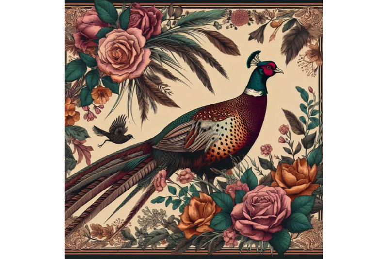 silk-scarf-with-floral-and-wild-animal-pheasant-illustration-vintage