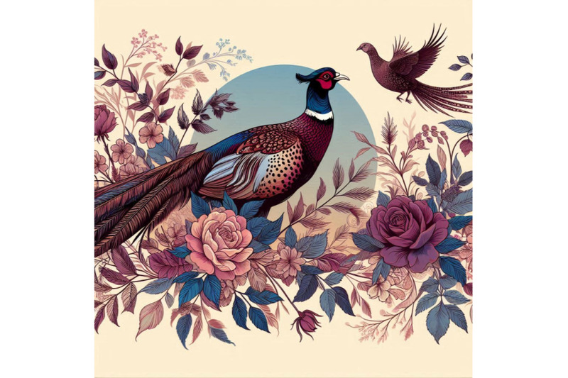 silk-scarf-with-floral-and-wild-animal-pheasant-illustration-vintage