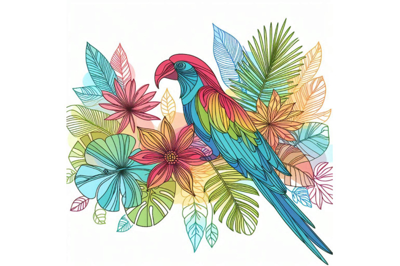 tropical-exotic-bird-leaves-and-flowers