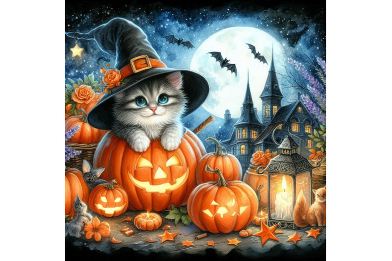 halloween-holiday-little-cat-witch-and-pumpkin