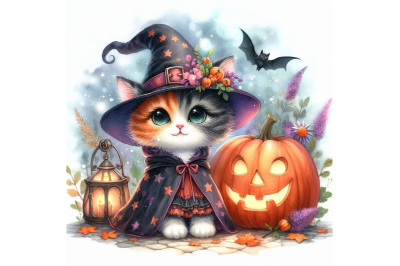 halloween-holiday-little-cat-witch-and-pumpkin