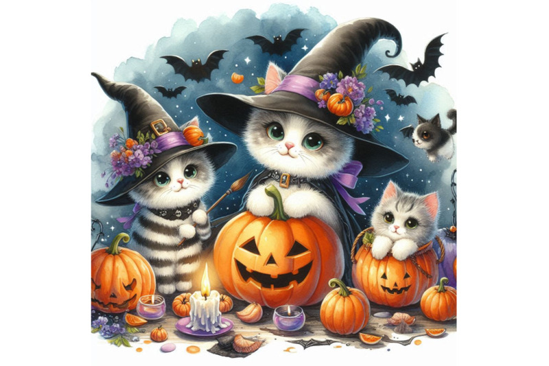 halloween-holiday-little-cat-witch-and-pumpkin