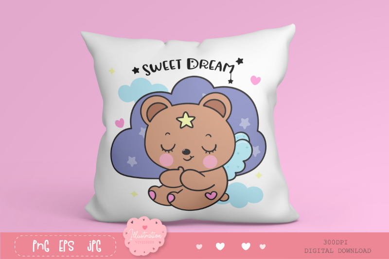 cute-bear-on-cloud-pillow-bedtime-cartoon-kawaii-clipart