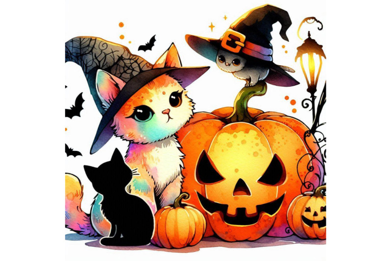 halloween-holiday-little-cat-witch-and-pumpkin-watercolor-illustra