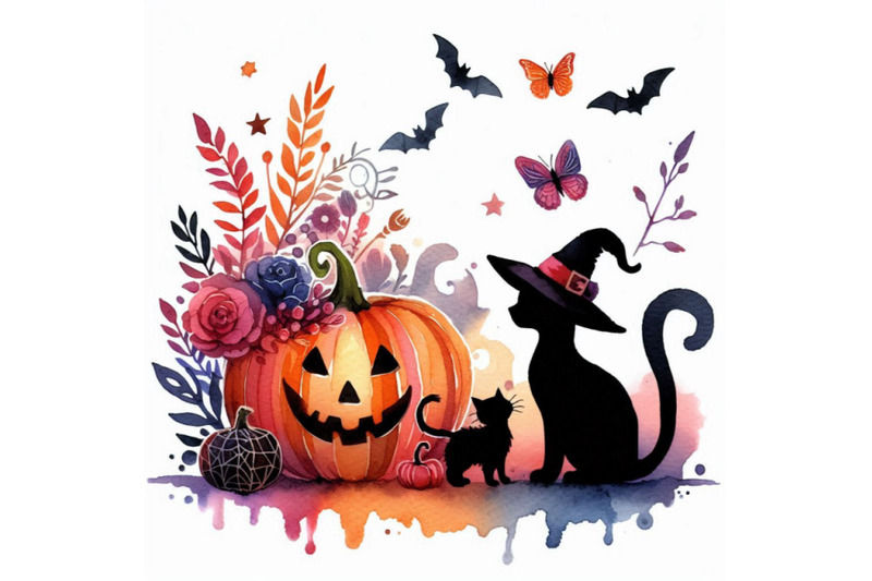 halloween-holiday-little-cat-witch-and-pumpkin-watercolor-illustra