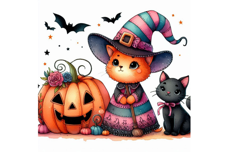 halloween-holiday-little-cat-witch-and-pumpkin-watercolor-illustra