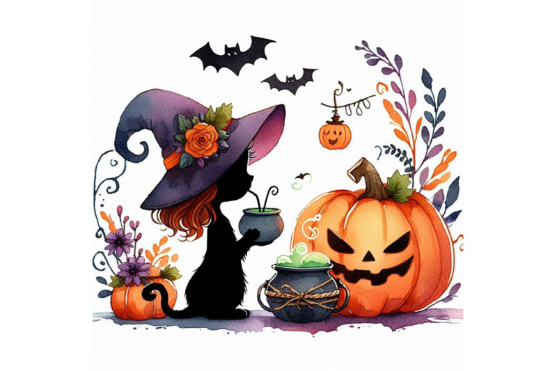 halloween-holiday-little-cat-witch-and-pumpkin-watercolor-illustra