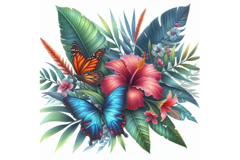 tropical-leaves-flowers-and-butterfly