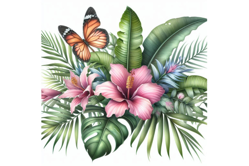 tropical-leaves-flowers-and-butterfly