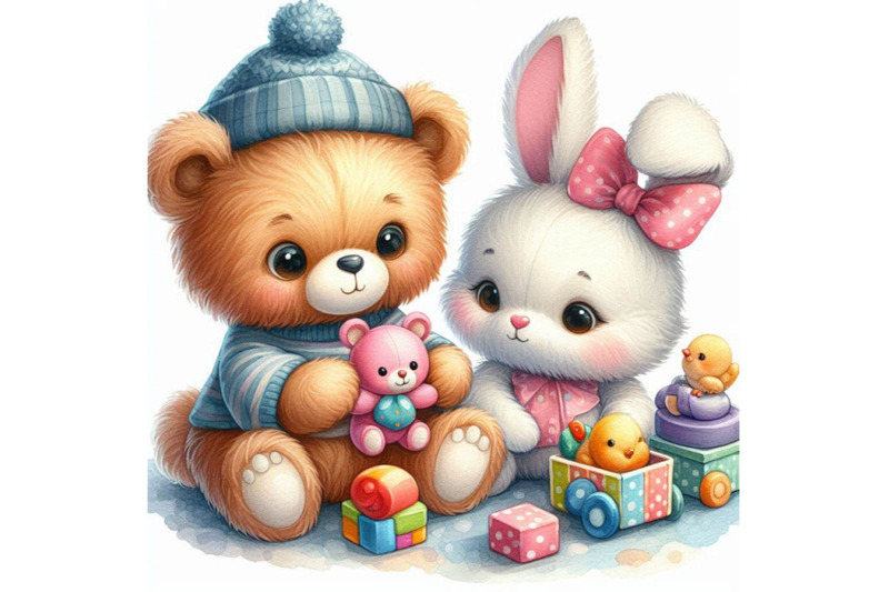 cute-toy-bear-and-toy-bunny-illustration